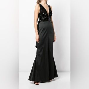 Black beaded top bow back evening gown
